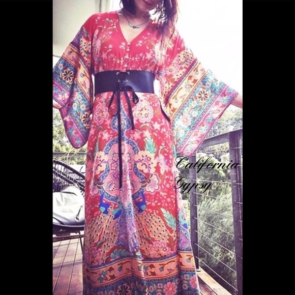 Lotus Gypsy Peacock Kimono Maxi Dress - Picture 10 of 10